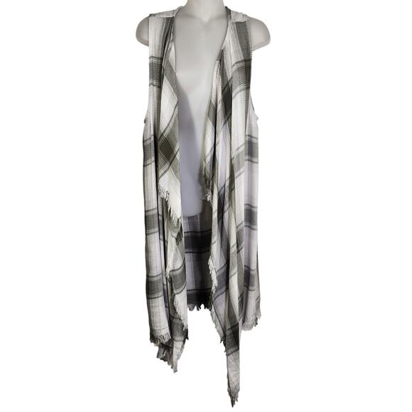 Maurices Womens Duster Cardigan Plaid Open Fringe Sleeveless Long Vest One Size - Picture 1 of 10